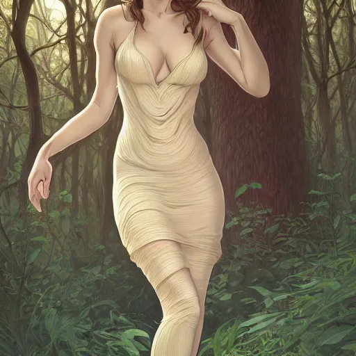 Image similar to full body portrait of a female wearing a skintight dress in a forest, large thighs, perfect face, intricate, elegant, highly detailed, digital painting, artstation, smooth, sharp focus, illustration, art by artgerm and greg rutkowski and alphonse mucha, 8 k