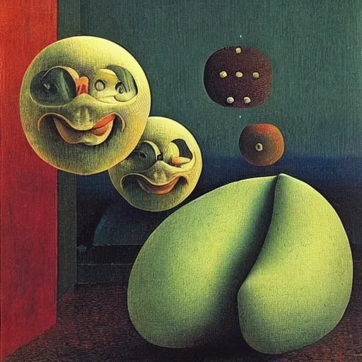 Image similar to 🐶🍐🌜🧨, intricate details, oil on canvas, highly detailed, surreal, by max ernst, rene magritte