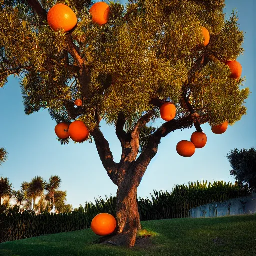 Image similar to a tree growing oranges outside a california suburban home, style of photographers willem verbeeck and Kyle McDougall, complimentary colors, filmic, golden hour