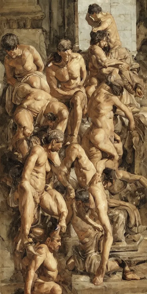 Image similar to oil painting scene from roman Thermae art by kim jung gi