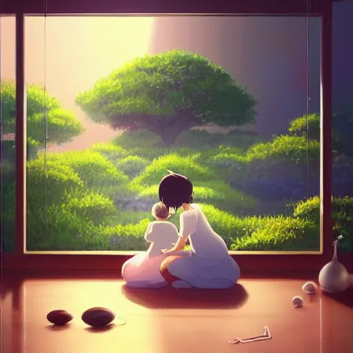 Image similar to incredible, a e s t h e t i c by makoto shinkai kokedama. a beautiful conceptual art harmony of colors, simple but powerful composition. a scene of peaceful domesticity, with a mother & child in the center, surrounded by a few simple objects. colors are muted & calming, serenity & calm.