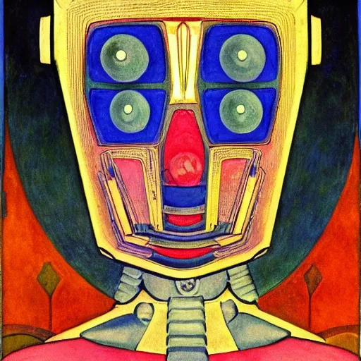 Image similar to robot wearing human mask, by annie swynnerton and nicholas roerich and leo and diane dillon and adolf wolfli and diego rivera, symbolist, art brut, elaborate costume, little glowing lights, rich color, dramatic cinematic lighting, smooth, sharp focus, extremely detailed