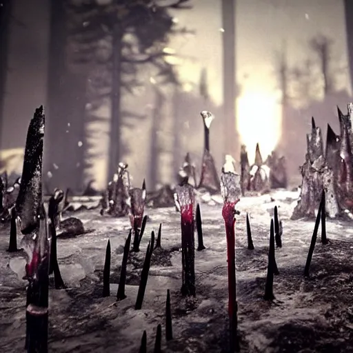 Image similar to highly detailed bloody ice spikes are errupting from the ground by magic, a group of knights in plate - armor impalent by bloody stakes, horrible death on the spot, gloomy lights in the sky, octane render, unreal engine, hyperrealistic