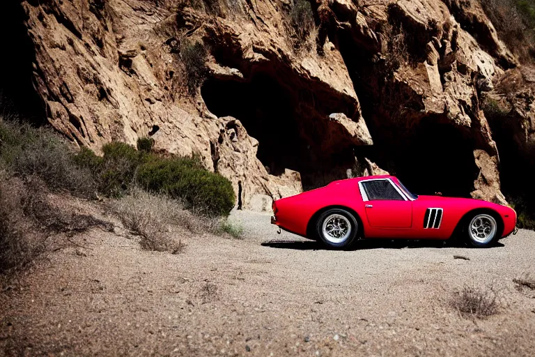 Image similar to cinematography of Ferrari 250 GTO series 2 on El Matador State Beach by Emmanuel Lubezki