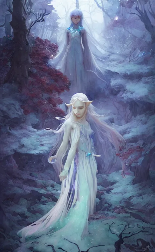 Prompt: elf ice witch princess dress. intricate, amazing composition, colorful watercolor, by ruan jia, by maxfield parrish, by marc simonetti, by hikari shimoda, by robert hubert, by zhang kechun, illustration, gloomy, volumetric lighting, fantasy