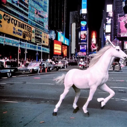 Image similar to a vivid photo of a unicorn galloping through times square in the 8 0 s