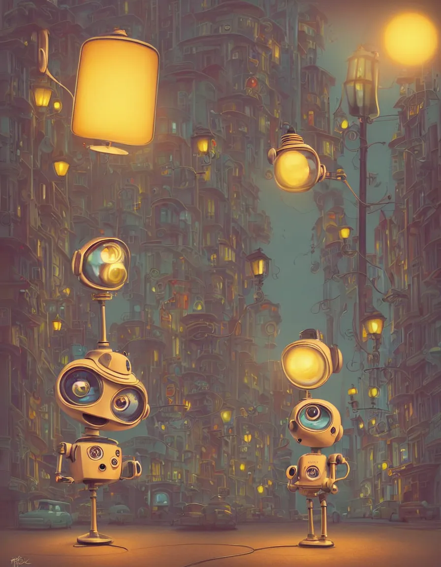 Prompt: very beautiful portrait of an extremely cute and adorable 1 9 5 0 s style robot in a pixar style cartoon city at sunset, smooth, perfect face, surrounded by streetlamps and a mailbox, fantasy, character design by mark ryden and craola, intricate detail, cinematic lighting, hyperrealistic, 5 0 mm macro photography