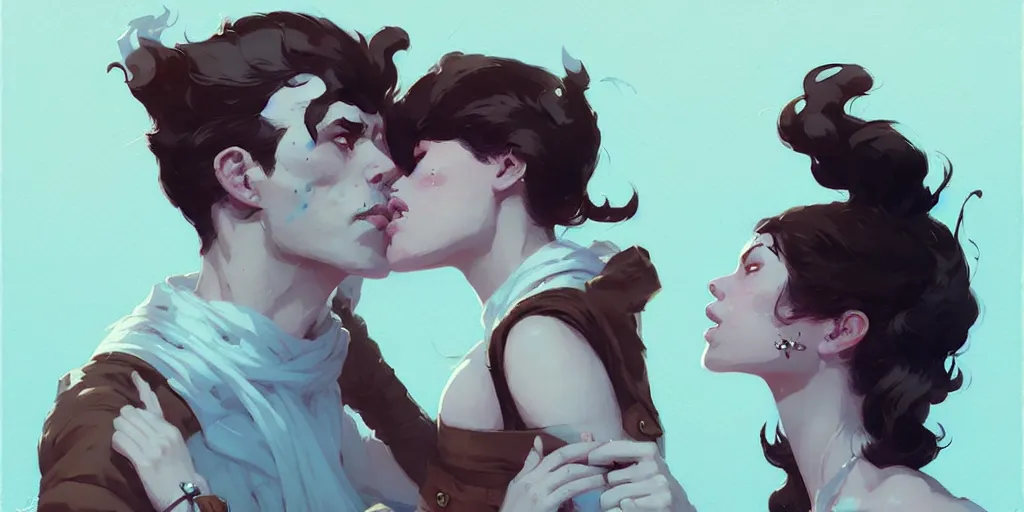 Image similar to portrait of dorian kissing elena by atey ghailan, by greg rutkowski, by greg tocchini, by james gilleard, by joe fenton, by kaethe butcher, dynamic lighting, gradient light blue, brown, blonde cream and white color scheme, grunge aesthetic