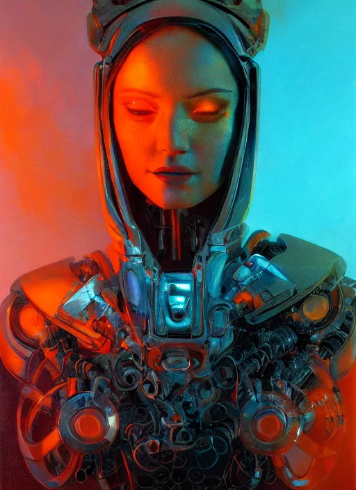 Prompt: ( ( symmetry ) ) closeup portrait of a stunning cyborg girl crying in tears, armor set, strong cinematic light, backlit, teal orange, viscous volumetric smoke, mist, by gerald brom, by mikhail vrubel, by peter elson, muted colors, extreme detail, trending on artstation, 8 k