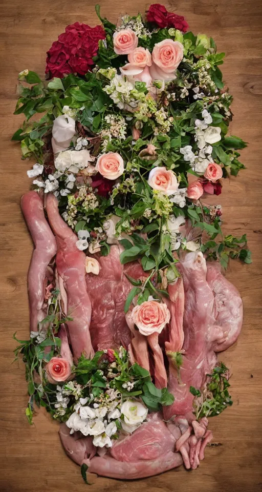 Image similar to Professional floral arrangement of human flesh, bones, teeth, and rotten meat