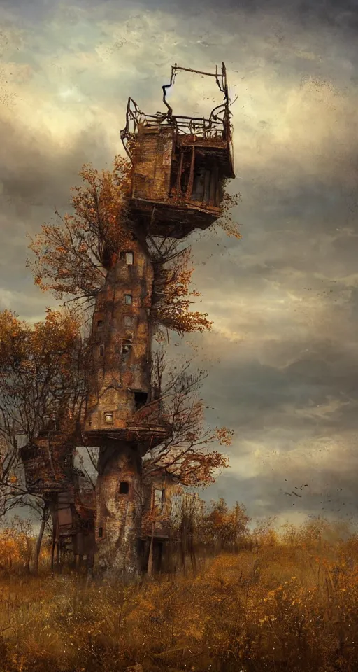 Image similar to tree house on a rusty broken building constructions of a giant upside - down spiral edgy staircase, leading to the sky, the ruins, in the steppe, autumn field, misty background, from the game pathologic 2, highly detailed, sharp focus, matte painting, by isaac levitan and asher brown durand,