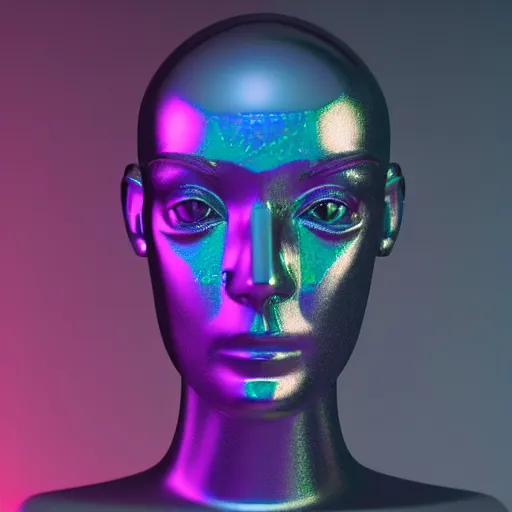 Image similar to 3d render of holographic human robotic head made of glossy iridescent, surrealistic 3d illustration of a human face non-binary, non binary model, 3d model human, cryengine, made of holographic texture, holographic material, holographic rainbow, concept of cyborg and artificial intelligence