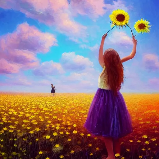 Image similar to head and face made of giant daisies, girl standing barefoot in a flower field, holding flowers, surreal photography, sunrise dramatic light, impressionist painting, colorful clouds, large sky, digital painting, artstation, simon stalenhag, flower face