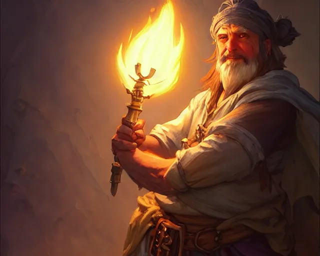 Image similar to a large grimey innkeeper from final fantasy, holding a torch, deep focus, d & d, fantasy, intricate, elegant, highly detailed, digital painting, artstation, concept art, matte, sharp focus, illustration, hearthstone, art by artgerm and greg rutkowski and alphonse mucha