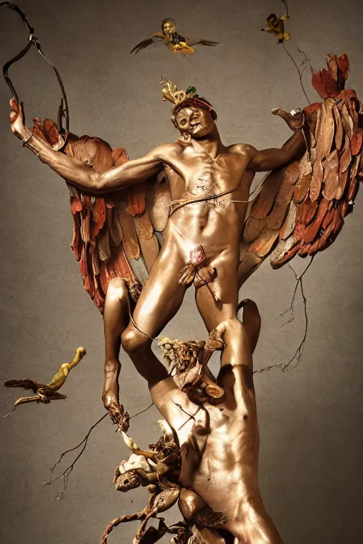 Prompt: Jean-Michel Basquiat as a full-body bronze baroque statue of Icarus in the posing like a bird for flight, crown of peach roses, flowing pink-colored silk, fabric, flowers. baroque elements, human skull. full-length view. baroque element. intricate artwork by caravaggio. many many birds birds on background. Trending on artstation, octane render, cinematic lighting from the right, hyper realism, octane render, 8k, depth of field, 3D
