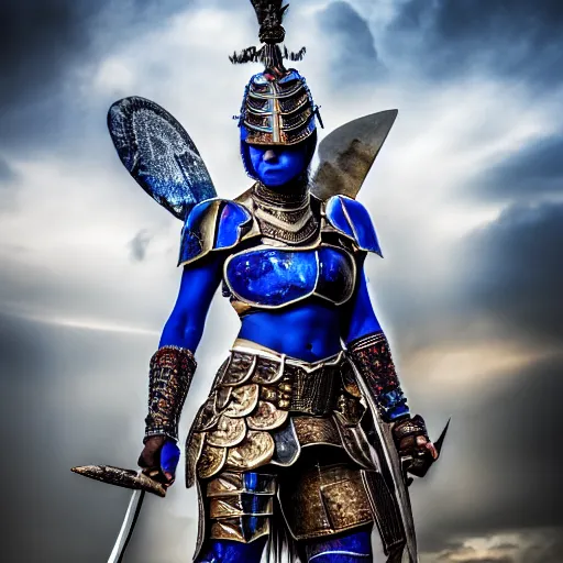 Image similar to photo of a beautiful warrior with lapis lazuli armour, highly detailed, 4k, HDR,