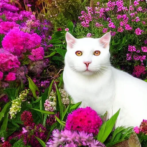 Image similar to a photo of a white cat laying on his back surrounded by flowers.