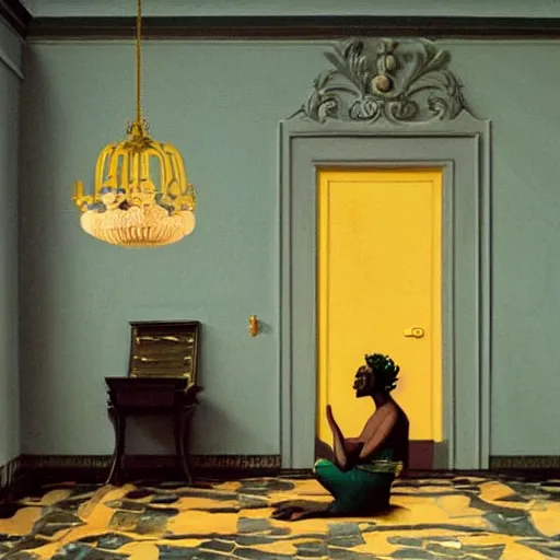 Image similar to a black monster in a liminal room, film still by wes anderson, depicted by canova, limited color palette, very intricate, art nouveau, highly detailed, lights by hopper, soft pastel colors, minimalist