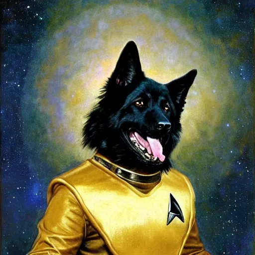 Prompt: a portrait of a black german shepard dogman canine with human eyes smiling holding a phaser star trek captain red shirt. highly detailed painting by gaston bussiere craig mullins jc leyendecker gustav klimt artgerm greg rutkowski