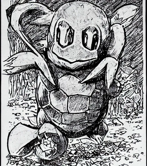 Prompt: the pokemon squirtle as a d & d monster, pen - and - ink illustration, etching, by russ nicholson, david a trampier, larry elmore, 1 9 8 1, dungeons and dragons, hq scan, intricate details, high contrast