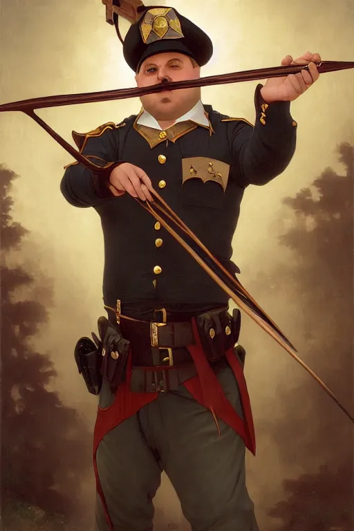 Prompt: a shifty fat high elf mall cop with a sheriff's badge holding a bow and arrow, Oil Painting, hyperrealistic, Detailed Digital Art, RPG portrait, 3/4 bust, William-Adolphe Bouguereau, Michael Cheval, dynamic lighting, Highly Detailed, Cinematic Lighting, 8k, HD