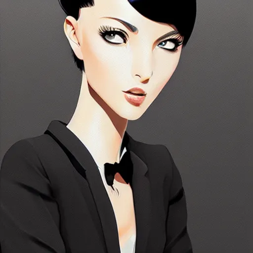 Image similar to slim cruel business girl in tuxedo with black bob hair, elegant, 2d, ultra highly detailed, digital painting, smooth, sharp focus, artstation, art by Ilya Kuvshinov