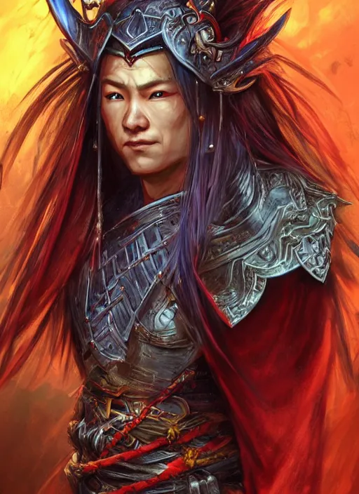 Image similar to chinese warrior hair curtains, looking down, dndbeyond, bright, colourful, realistic, dnd character portrait, full body, pathfinder, pinterest, art by ralph horsley, dnd, rpg, lotr game design fanart by concept art, behance hd, artstation, deviantart, hdr render in unreal engine 5