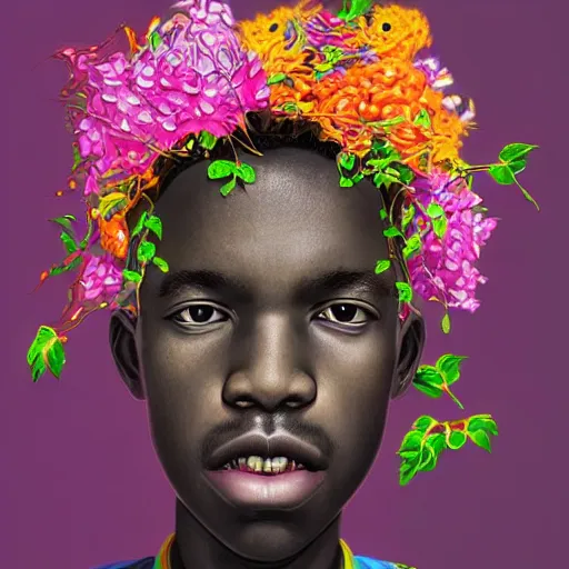 Image similar to colourful vfx art - portrait of nigerian boy wrapped in flowers & vines, art by hsiao - ron cheng & james jean, volumetric light, ray tracing, colourful, sharp, detailed, digital painting, illustration, illustration, highly detailed, intricate detail, unreal engine, octane render, pinterest, behance, art station,