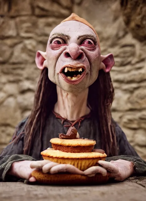 Image similar to closeup portrait of a medieval goblin eating cakes in the cloisters, depth of field, zeiss lens, detailed, symmetrical, centered, fashion photoshoot, by annie leibovitz and steve mccurry, david lazar, jimmy nelsson, breathtaking, 8 k resolution, extremely detailed, beautiful, establishing shot, artistic, hyperrealistic, beautiful face, octane render