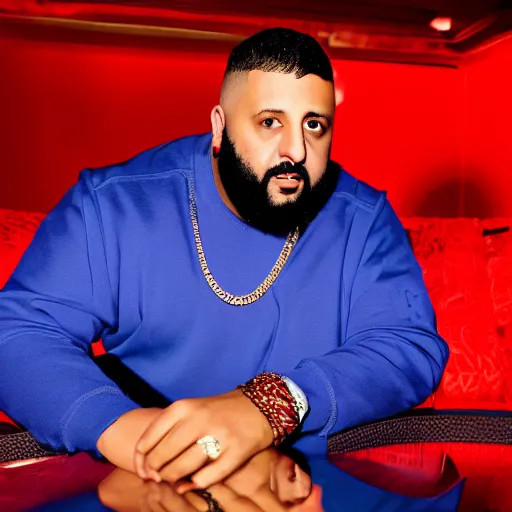 Image similar to ultra detailed portrait photo of dj khaled in a studio, blue, under red and yellow cinematic lighting