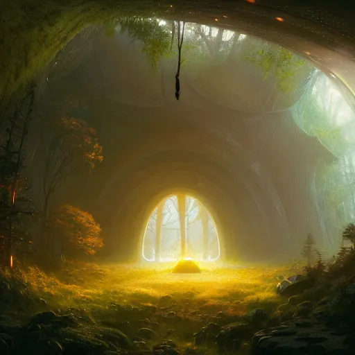 Prompt: , forest with big dome inside a spaceship, stephen bliss, misty, unreal engine, pixar, fantasy art by greg rutkowski, loish, ferdinand knab, and lois van rossdraws, global illumination, radiant light, minimalist, detailed and intricate environment