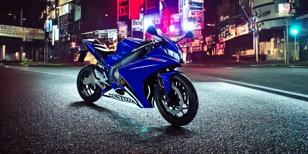 Image similar to Honda CBR600rr with blood vinyil in the middle of a road on the night Tokyo, blue color grading, cinematic color grading , unreal 5, hyperrealistic, realistic, photorealistic, dynamic lighting, highly detailed, cinematic landscape, studio landscape, studio lighting