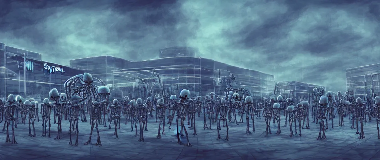 Image similar to hyperrealistic skeleton army mall in background ute osterwald jason limon concept art dramatic blue lighting wide angle hd 8k sharp shallow depth of field