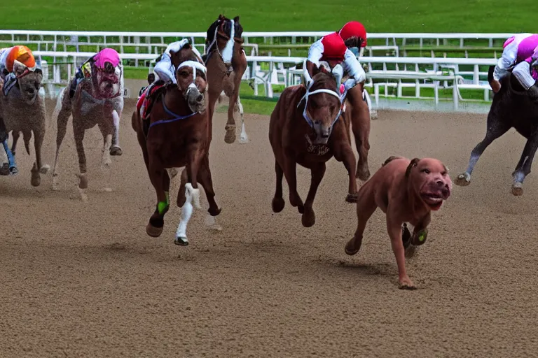 Image similar to an award winning shot of a horse track with racing pit bulls that are winning the race at the finish line