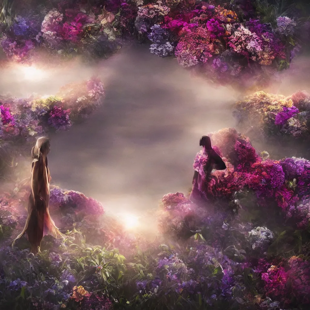 Image similar to a planet of various flowers, fungus and plants, in which the human figure is dressed in something magical and impressive, inside the picture is infinity, sunset light, Atmospheric phenomenon, artistic photography, muted colors, conceptual, long exposure outside the city