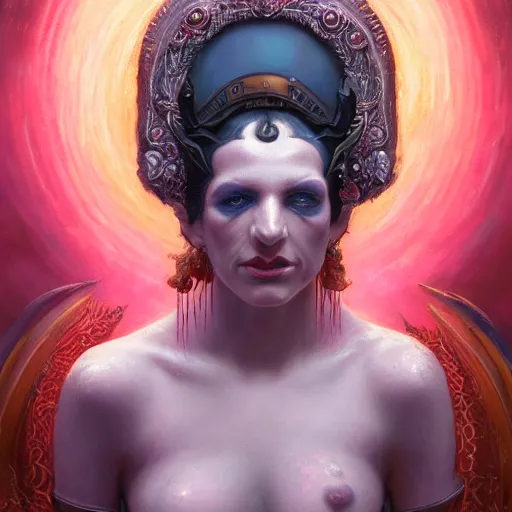 Image similar to closeup portrait shot of brian molko as slaanesh, the prince of pleasure, lord of excess, she who thirsts, desire, highly detailed, digital painting, artstation, concept art, soft focus, depth of field, artgerm, tomasz alen kopera, peter mohrbacher, donato giancola, wlop, boris vallejo