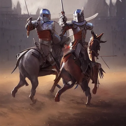 Prompt: two mounted knights tilting lances against each other in a jousting arena, art by artgerm and greg rutkowski and magali villeneuve, d & d, fantasy, highly detailed, digital painting, trending on artstation, concept art, illustration
