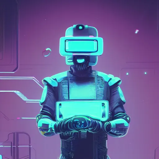 Prompt: cyberpunk concept bot, cinema 4 d, galaxy, ufo, space sci - fi, wearing vr goggles, illustration, portrait, pastel neon textured background night, trending on artstation, greg rutkowski, octane rendered, 1 2 k, detailed,