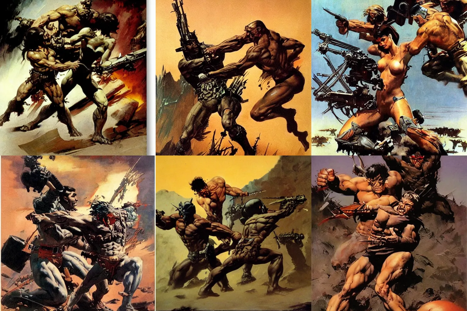 Prompt: savages fighting technomages by Frank Frazetta