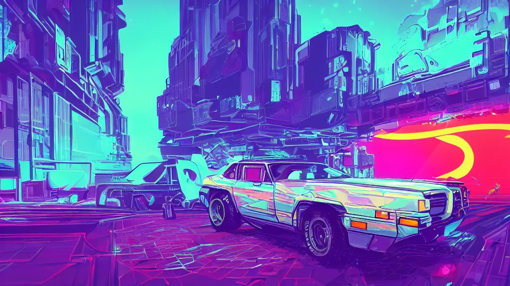 Image similar to an retrowave cyberpunk car on the moon, pastel, colorful, bright, cartoony, digital art