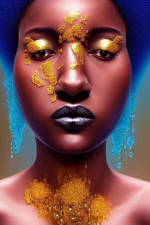 Prompt: hyperrealistic precisionist cinematic profile very expressive! black oshun goddess, in water! up to shoulders, mirror dripping droplet!, gold flowers, highly detailed face, digital art masterpiece, smooth eric zener cam de leon, dramatic pearlescent turquoise light on one side, ground level uhd 8 k, tilt shift