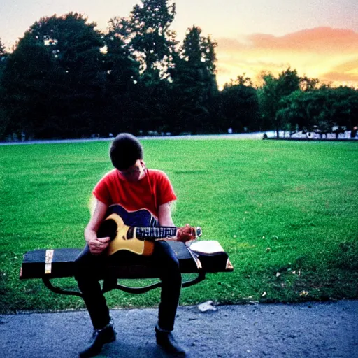 Image similar to 1 9 9 0 s candid 3 5 mm photo of a man sitting on a bench in a park playing guitar, cinematic lighting, cinematic look, golden hour, the clouds are epic and colorful with cinematic rays of light, photographed by petra collins, uhd