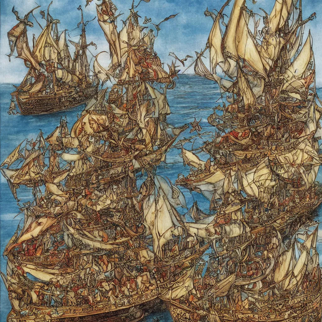 Prompt: viking ships sailing away, by maria sibylla merian, tony diterlizzi and brian froud