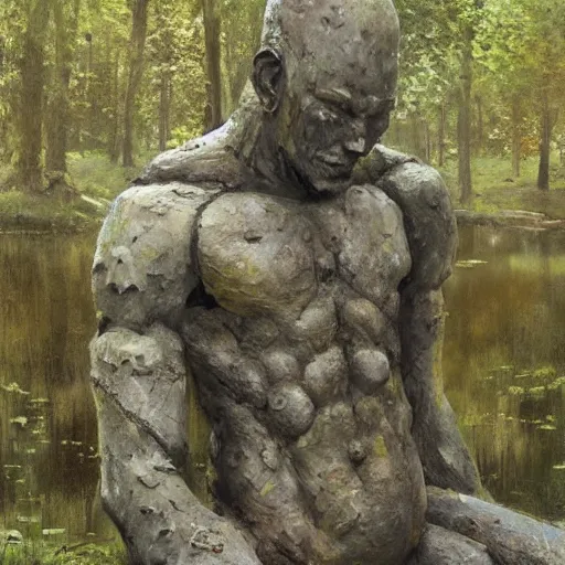 Image similar to ancient stone golem resting beside a pond inside a forest, statue, oil painting, by Greg Rutkowski