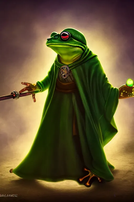 Image similar to frog mage in a cloak with a magic wand, in hogwarts, high details, volume light, best composition, 4 k