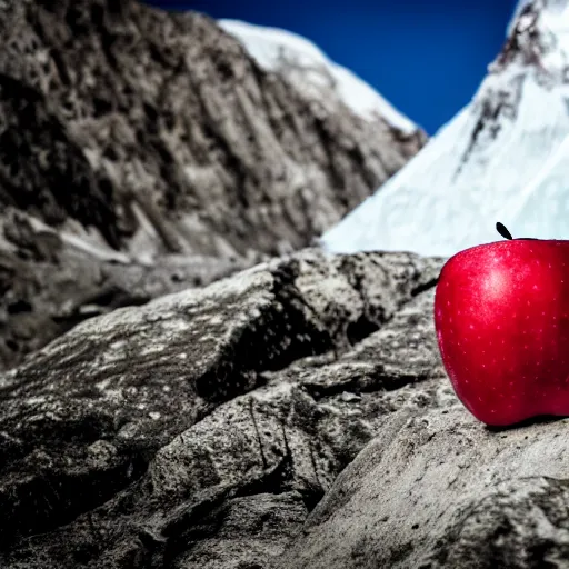 Prompt: an apple is sitting on the peak of mount everest, clear focus, bokeh effect, high res