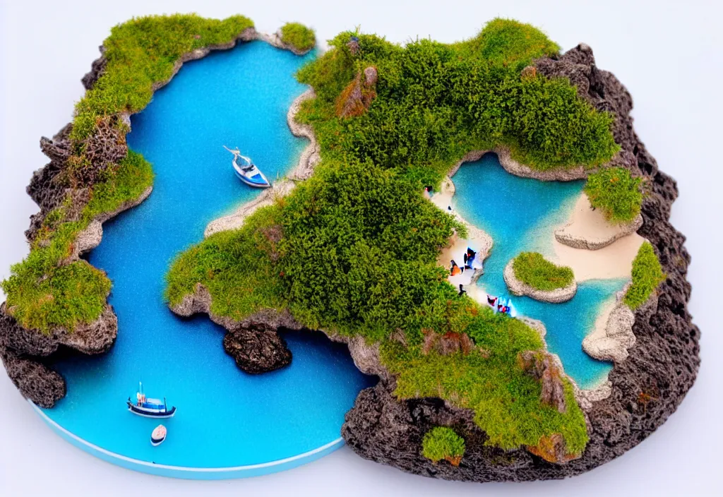 Image similar to orama miniature island on ocean, microscopic view, with godray,