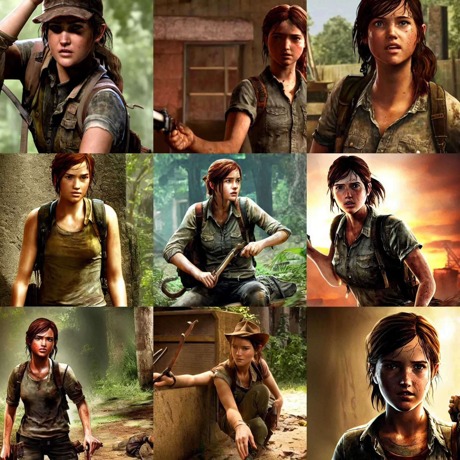 Prompt: Ellie from the Last of Us as Indiana Jones, film still from 'Indiana Jones'