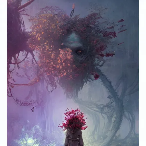 Image similar to a gigantic beautiful terrifying monster made of flowers looms over a tiny human. ethereal horror fantasy art by greg rutkowski and magali villanueve and monet