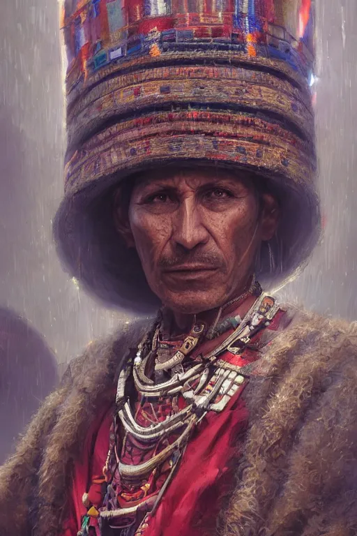 Image similar to aztec priest, close - up portrait, devoted, intricate, elegant, volumetric lighting, scenery, digital painting, highly detailed, artstation, sharp focus, illustration, concept art, ruan jia, steve mccurry